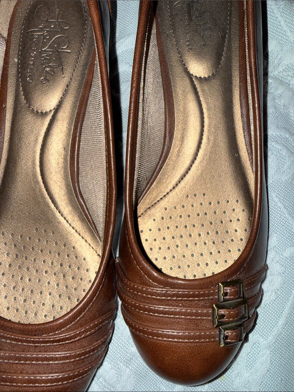 80s Vintage Life Stride Brown Leather Slip-On Ballet Flats with Buckle Detail - Picture 3 of 9